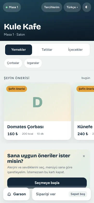Kule Kafe menüsünün telefondaki açık tema görünümü